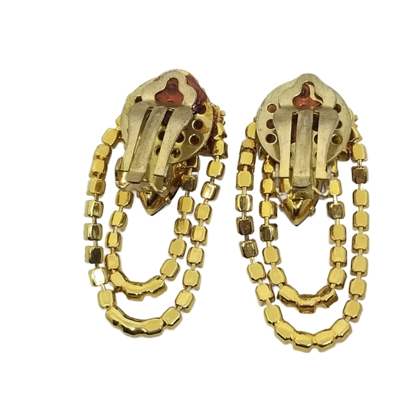 VINTAGE BLACK & WHITE RHINESTONE CHANDELIER CLIP ON EARRINGS - Picture 4 of 5